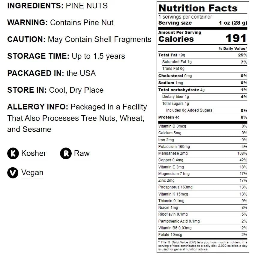 Pine Nuts, 1 Pound — Kosher, Vegan, Raw R12114