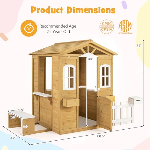 Fir Wood Outdoor Playhouse with Bench, Mailbox, Fence, Windows & Door S206576