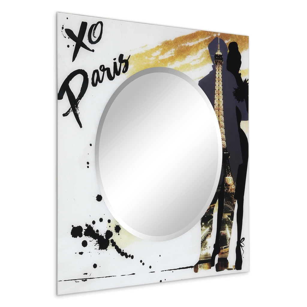 36 in. Square Reverse Printed Tempered Glass Art with 24 in. Round Beveled Mirror D880