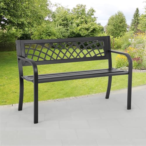 Iron Steel Frame Patio Bench with Mesh Pattern and Plastic Backrest Armrests, Black E3821