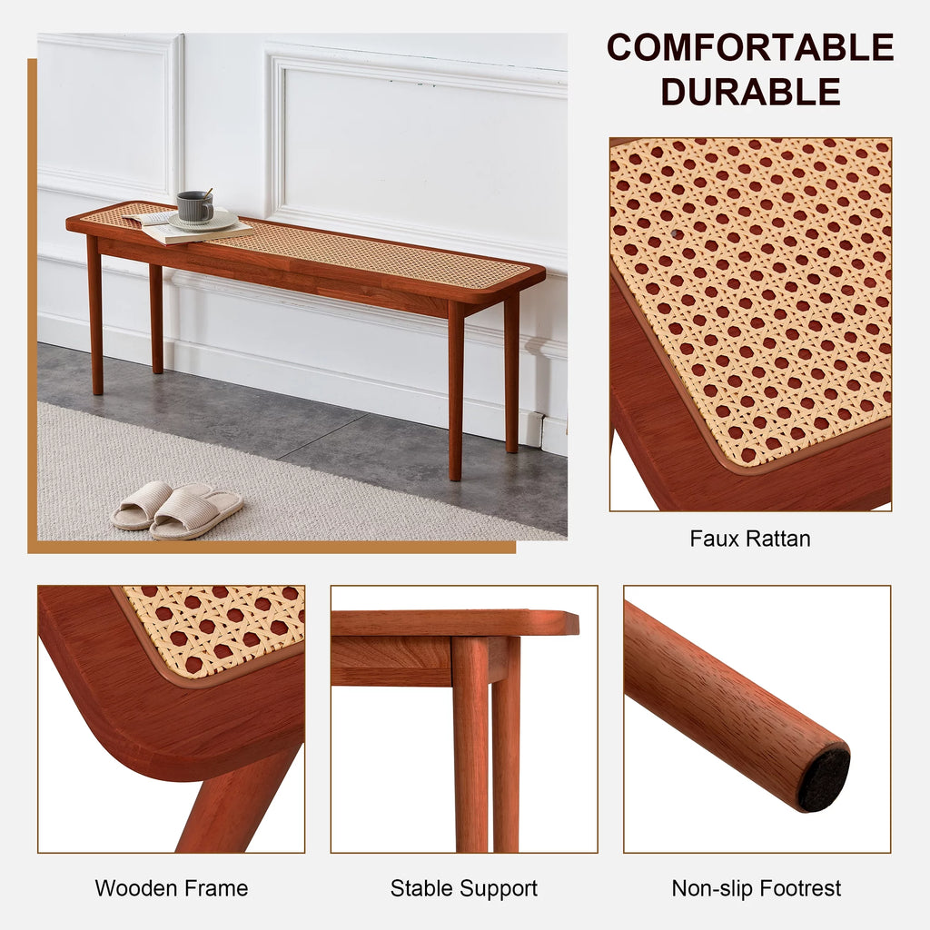 Solid Wood Rattan Woven Bench U360