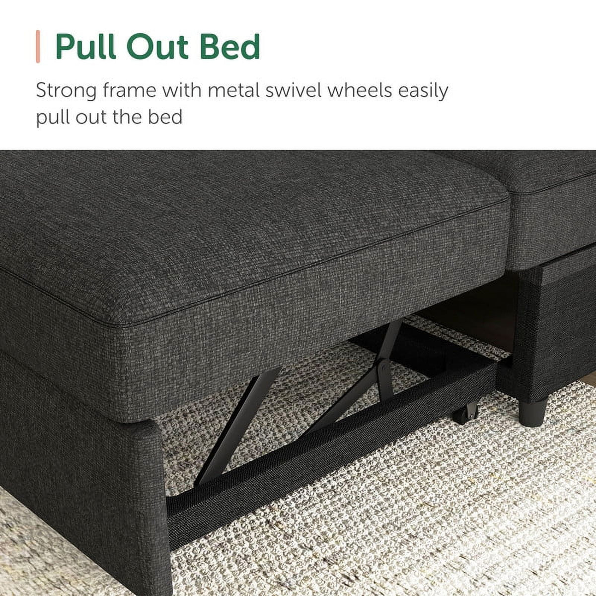 Dark Grey Convertible Sleeper Sectional Sofa with Pull-out Bed and Storage Chaise X27544