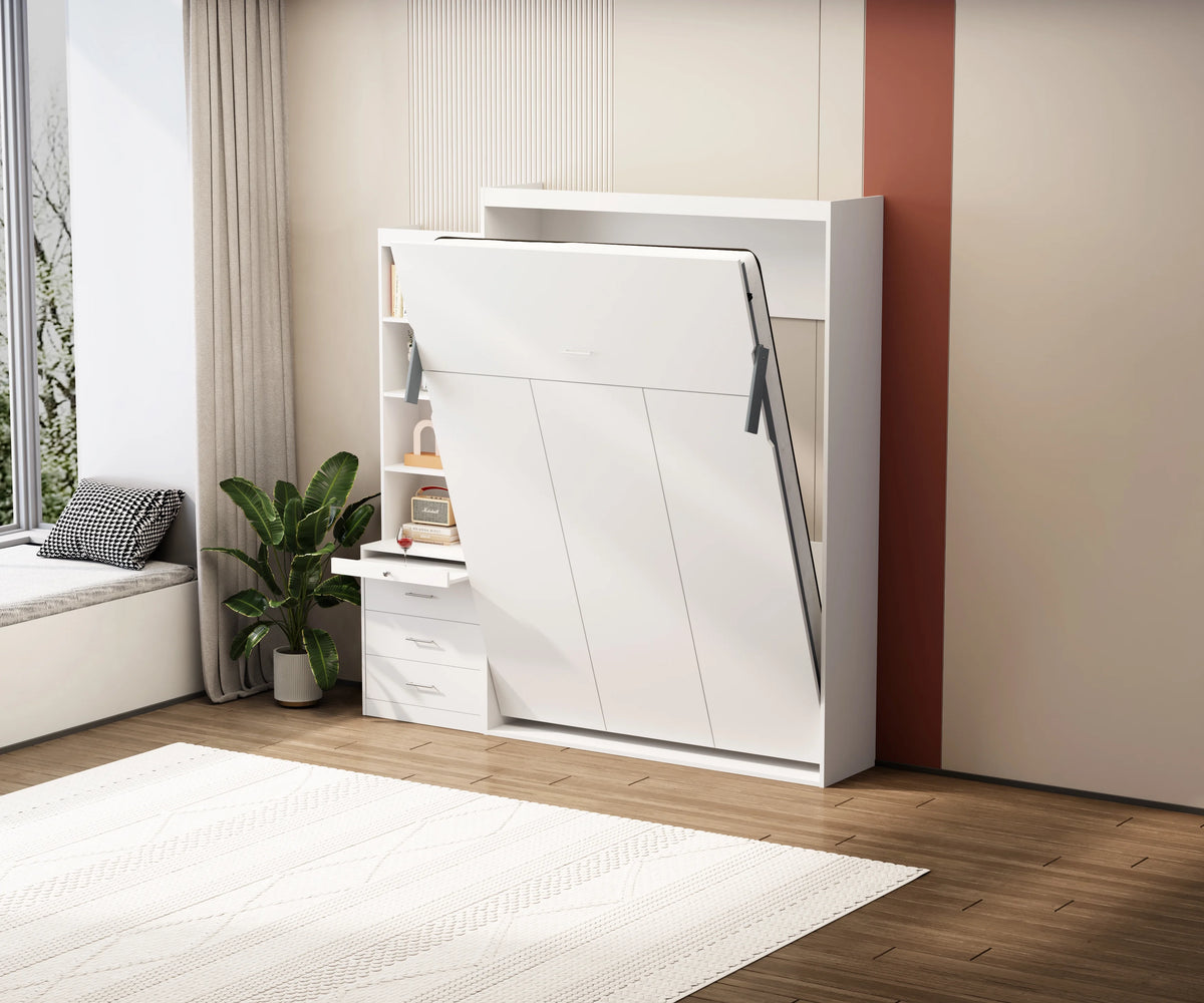 White Full Size Vertical Murphy Bed with Shelf and Drawers H53220