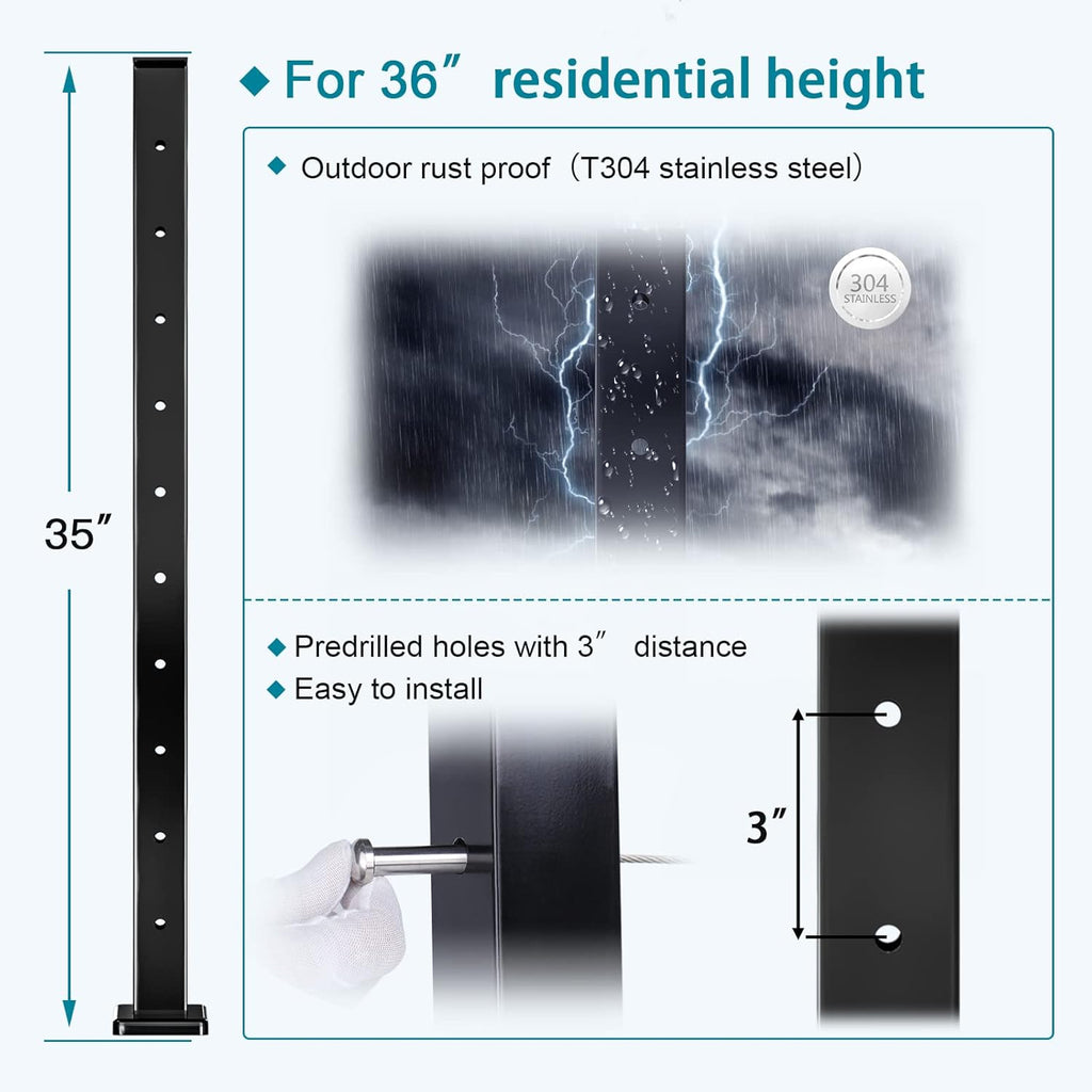 4Pack 36''x2''x2'' Black Square Weldless Stainless Steel Pre-Drilled Cable Railing Post P187401