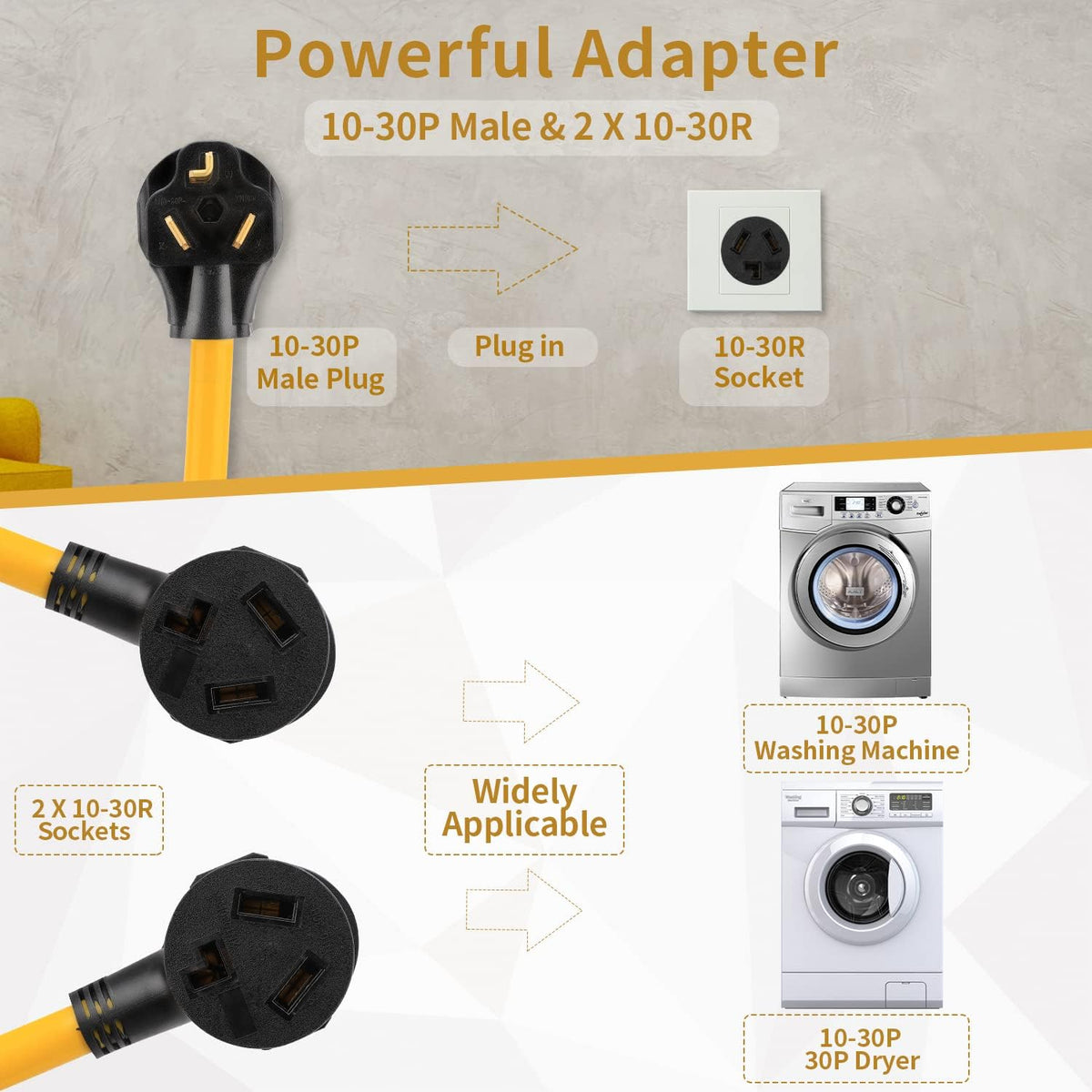 3 Prong Dryer Y Splitter 3 FT, 30 Amp 250 Volt 7500W STW 10 AWG, UL Listed Pack of 2 J976048