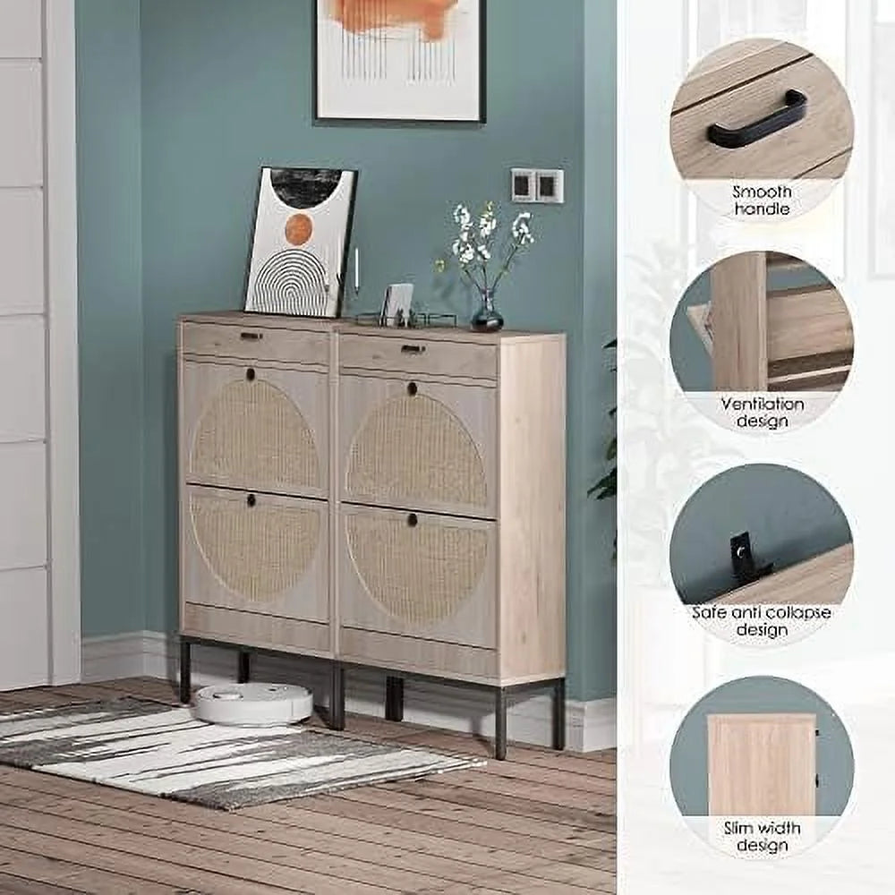 Shoe Cabinet with Flip Drawers and Woven Rattan Doors R6423