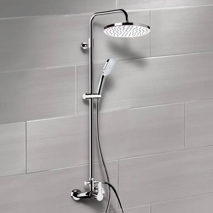 Chrome Exposed Pipe Shower System with 8 inch Rain Shower Head and Hand Shower B760012