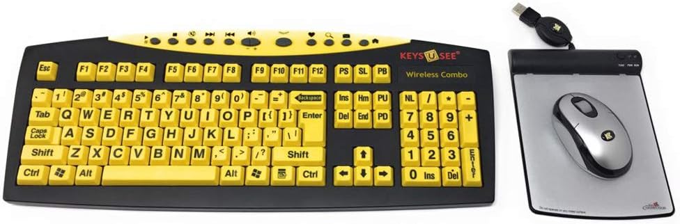 Large Print Yellow Wireless Keyboard with Optical Mouse and USB Wired Magic Pad Pack of 2 T740914