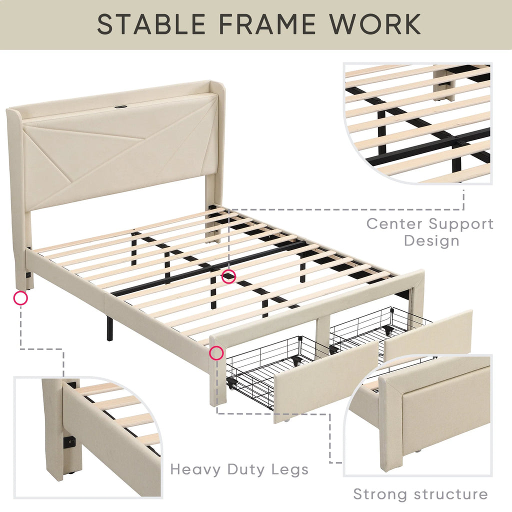 Beige Full Size Bed Frame with 2 Storage Drawers R8193