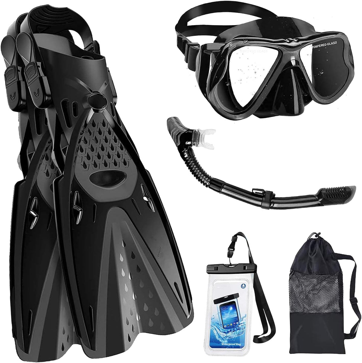 Snorkeling Mask, Diving Snorkel Tube, Adjustable Snorkeling Fins, Carry Bag, Waterproof Phone Bag E2427