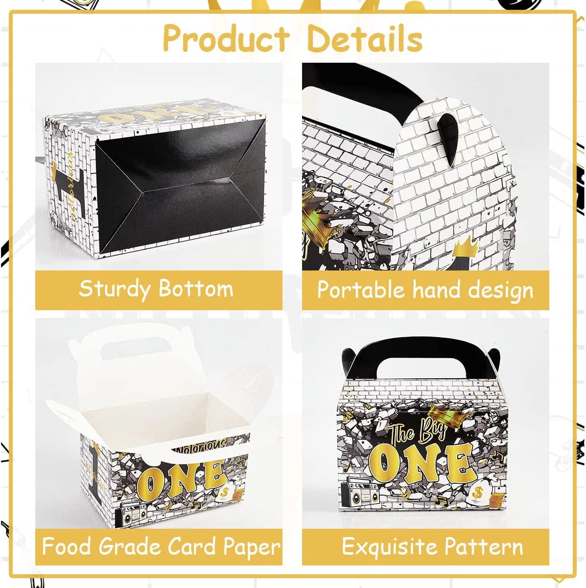 Black Gold 1st Birthday Treat Boxes with Handle M256