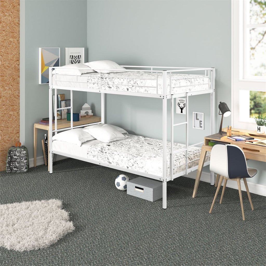 White Twin over Twin Bunk Bed with Guardrail and 2 Side Ladders T866