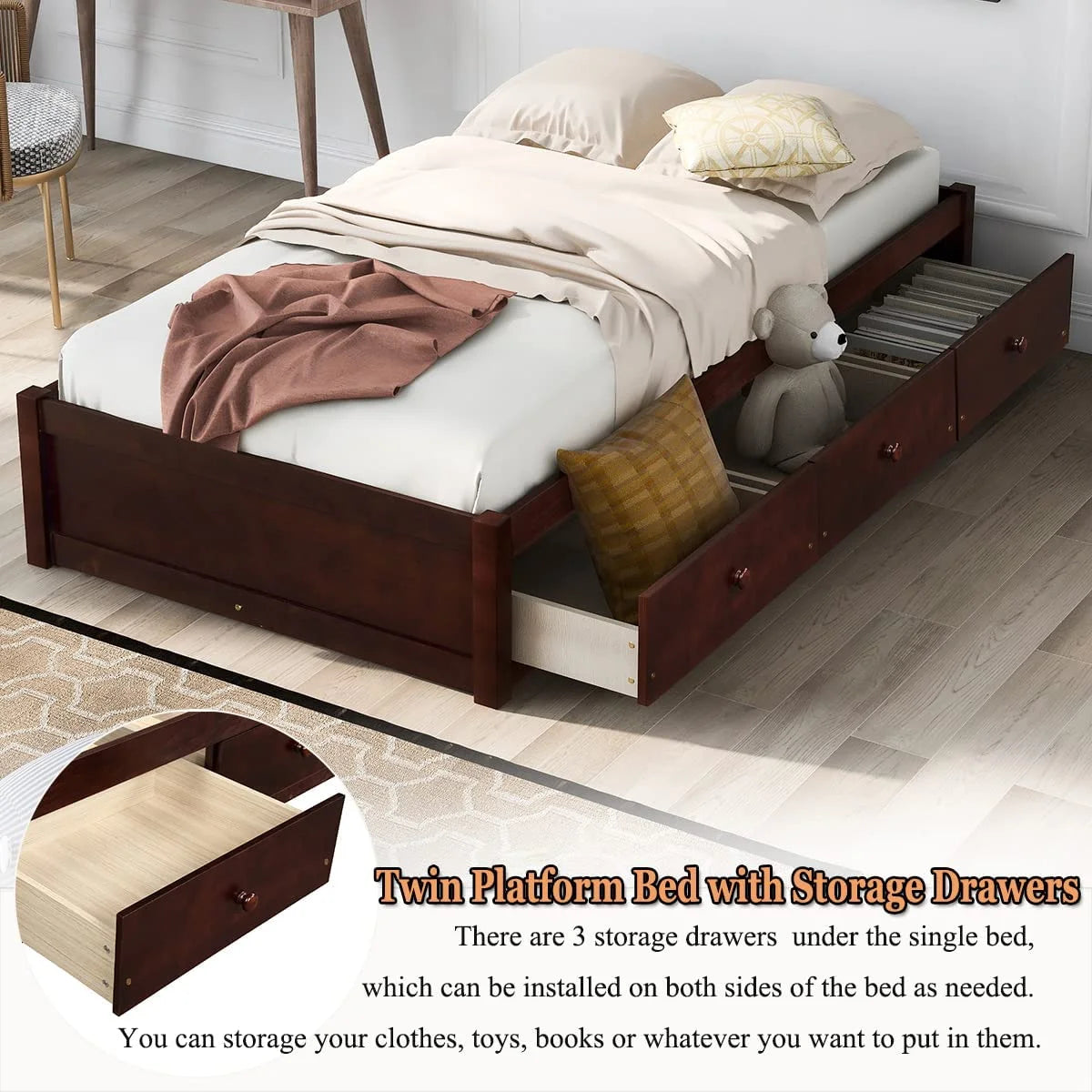 Cherry Wood Storage Bed with 3 Drawers C862519