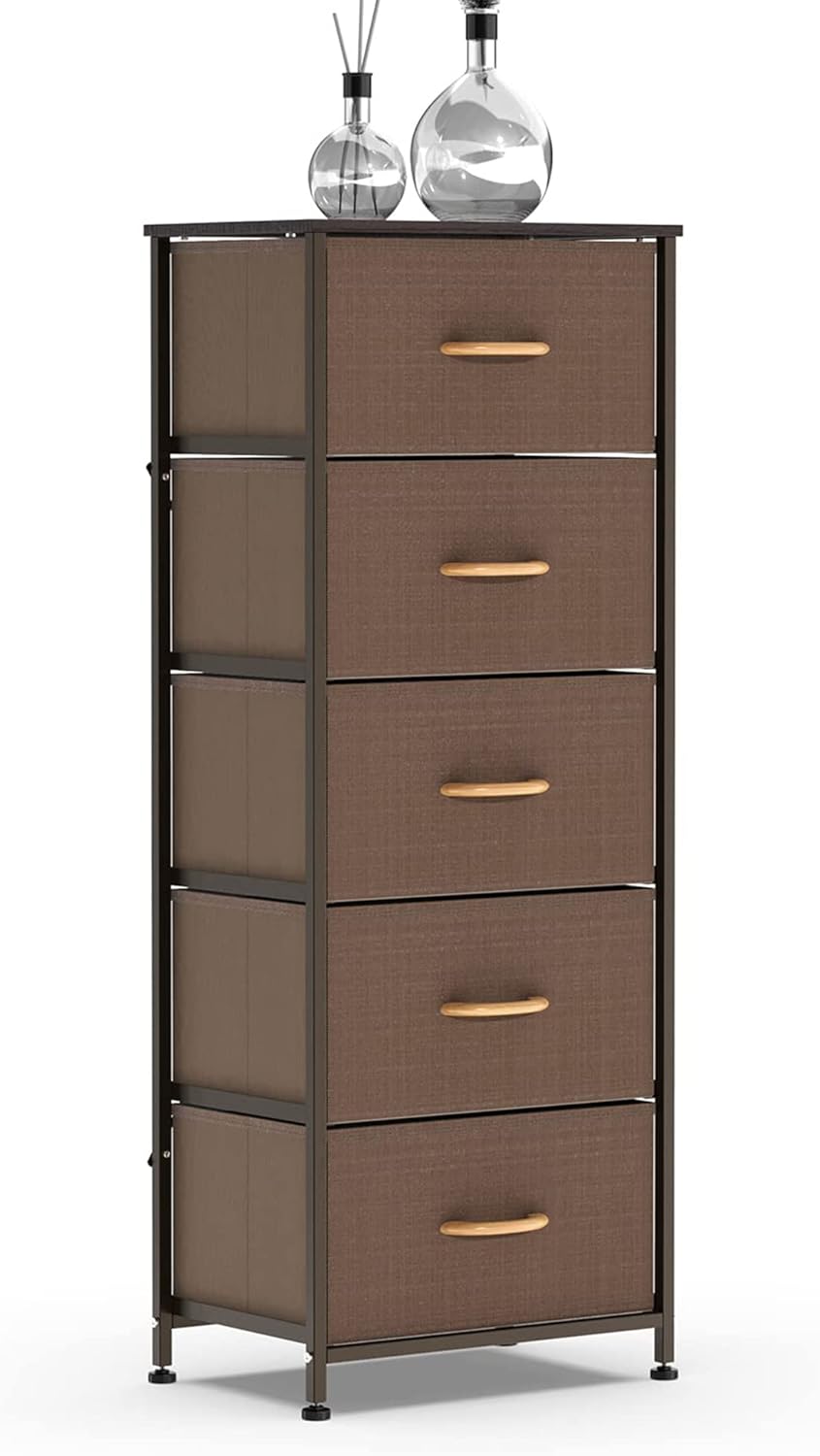 Vertical Dresser Storage Tower, Steel Frame, Wood Top, Fabric Bins, 4 Drawers, Brown Z789
