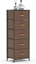 Vertical Dresser Storage Tower, Steel Frame, Wood Top, Fabric Bins, 4 Drawers, Brown Z789