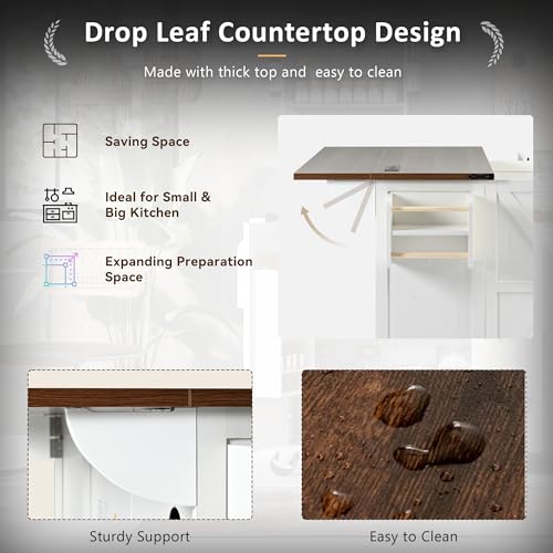 54.5" Farmhouse Mobile Kitchen Island with Power Outlet, Drop Leaf, Spice Rack and Drawer D231
