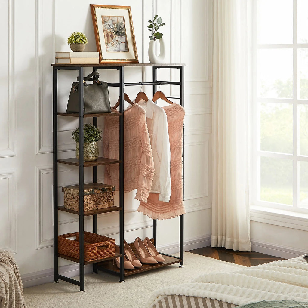 Brown Metal Clothes Rack with Wood Storage Shelves A70421