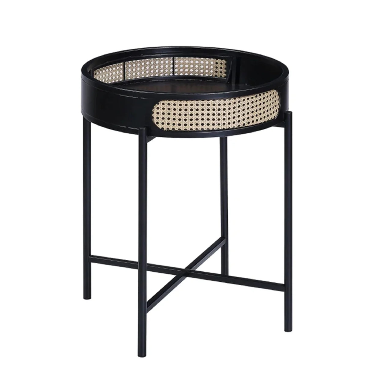 24 Inch Round End Table Rattan Accent Metal Legs Black A834