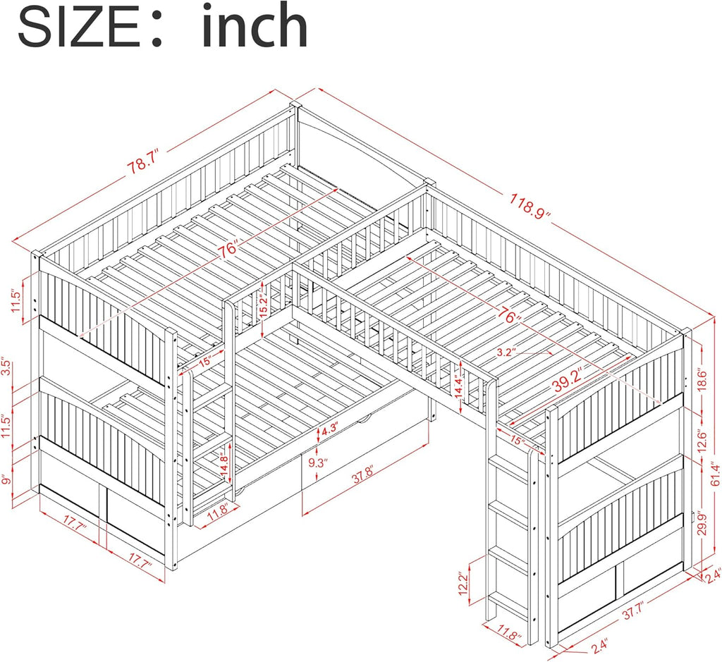 White Triple Loft Bunk Bed with 2 Drawers A2365