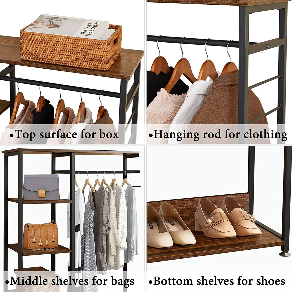 Brown Metal Clothes Rack with Wood Storage Shelves A70421