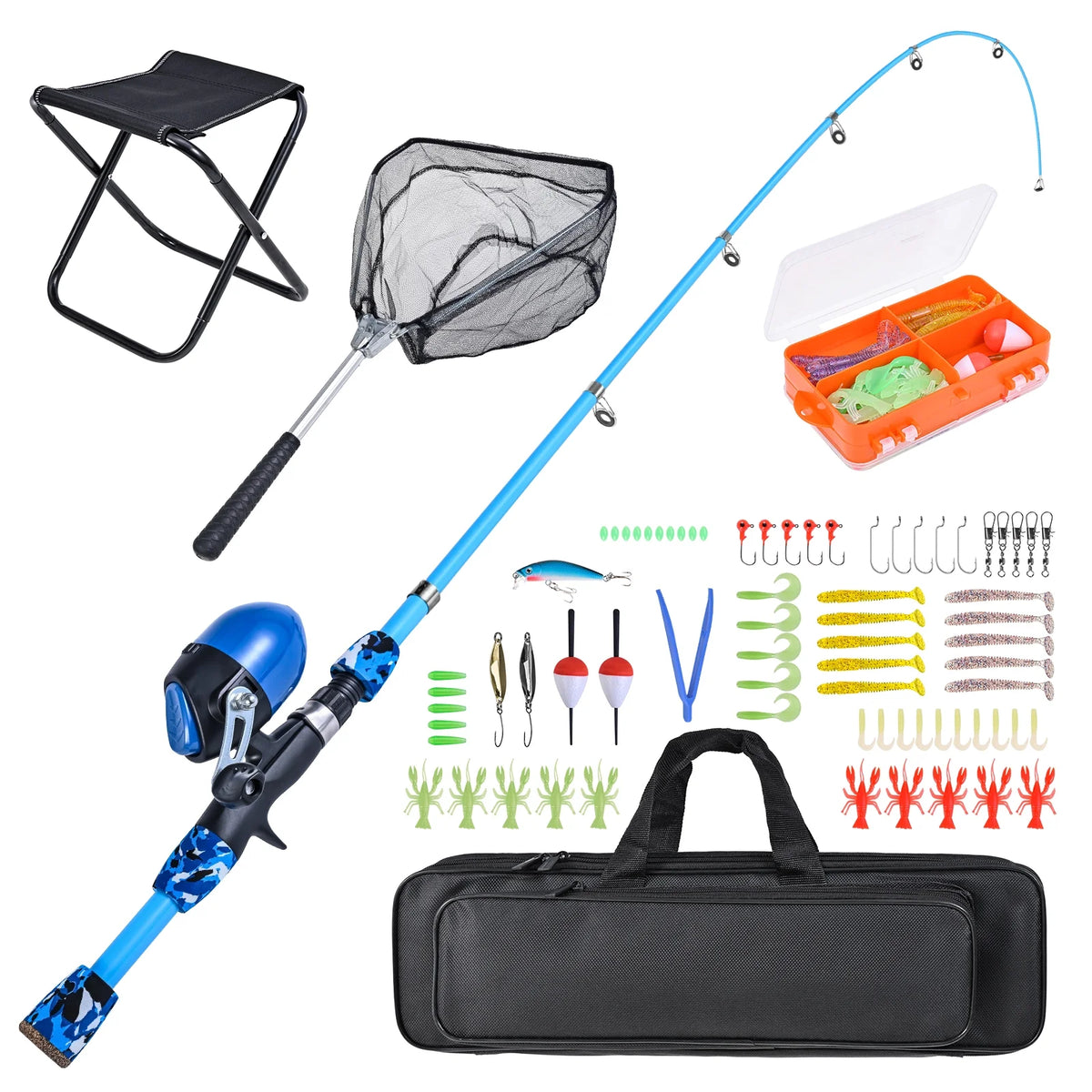 Fishing Rod and Reel Combo with Collapsible Stool, Landing Net, Telescopic Pole, and Tackle Box G452012
