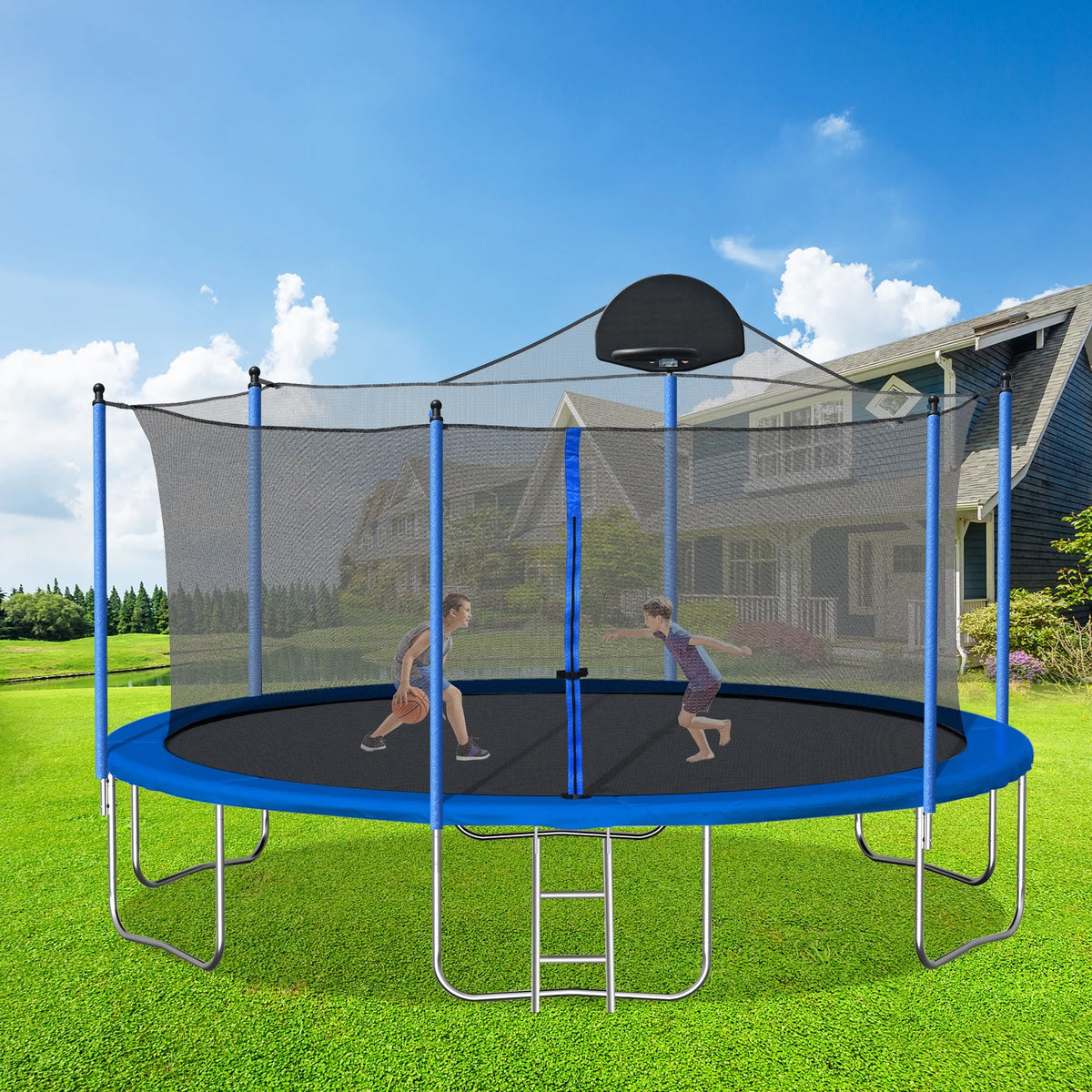 14 FT Trampoline Set with Safety Enclosure Net, Basketball Backboard and Ladder Y451598