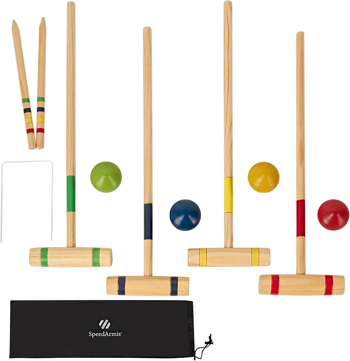 4 Players Croquet Set with Pine Wooden Mallets, Colored PE Ball, Wickets, End Stakes, Portable Carry Bag F363547