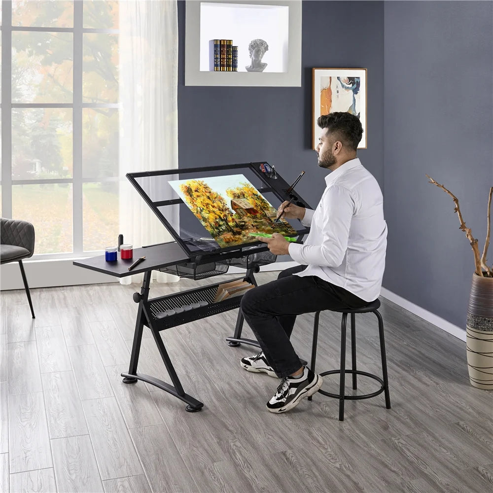 Black Adjustable Glass Top Drafting Table with Stool Q943589