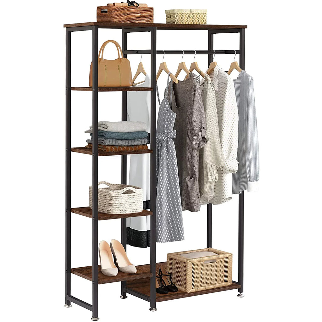 Brown Metal Clothes Rack with Wood Storage Shelves A70421