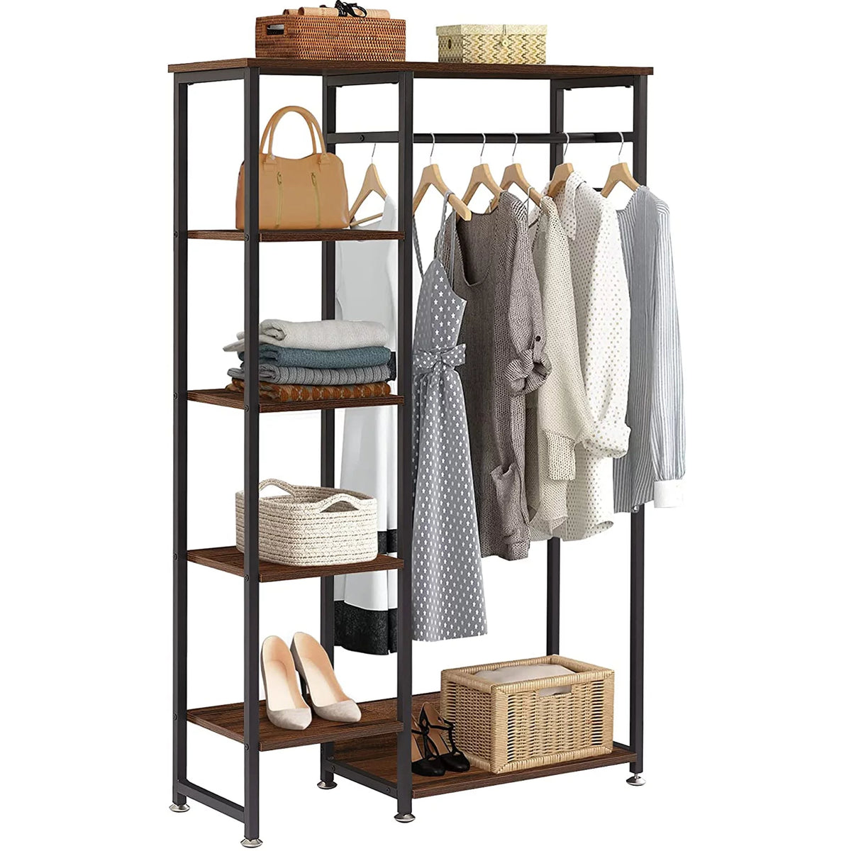 Brown Metal Clothes Rack with Wood Storage Shelves A70421