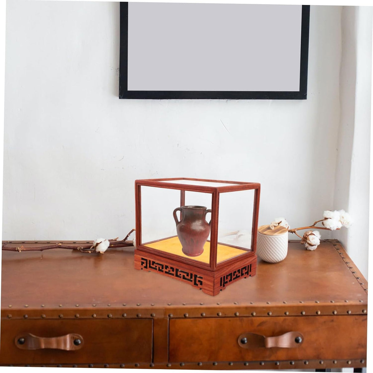Transparent Display Box Glass Dome Cloche with Wooden Base Q239336