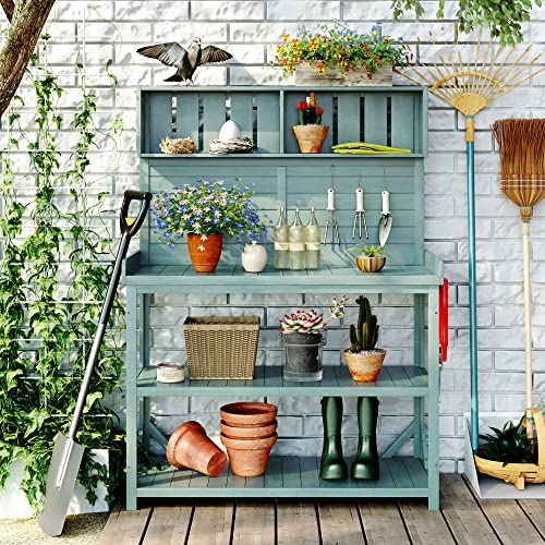 Green 65" Wooden Potting Bench with 4 Storage Shelves T106771