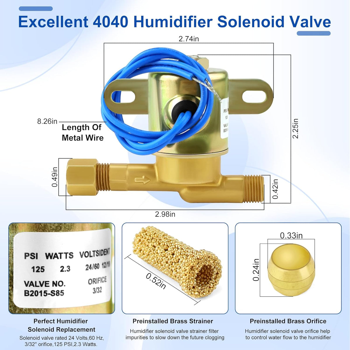 24V Brass Humidifier Solenoid Valve, 3/32" Orifice, 2.3 Watt 60 Hz C4373