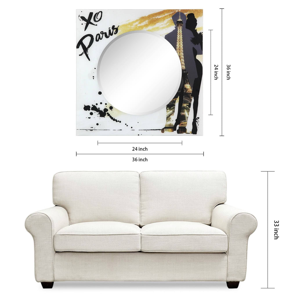 36 in. Square Reverse Printed Tempered Glass Art with 24 in. Round Beveled Mirror D880
