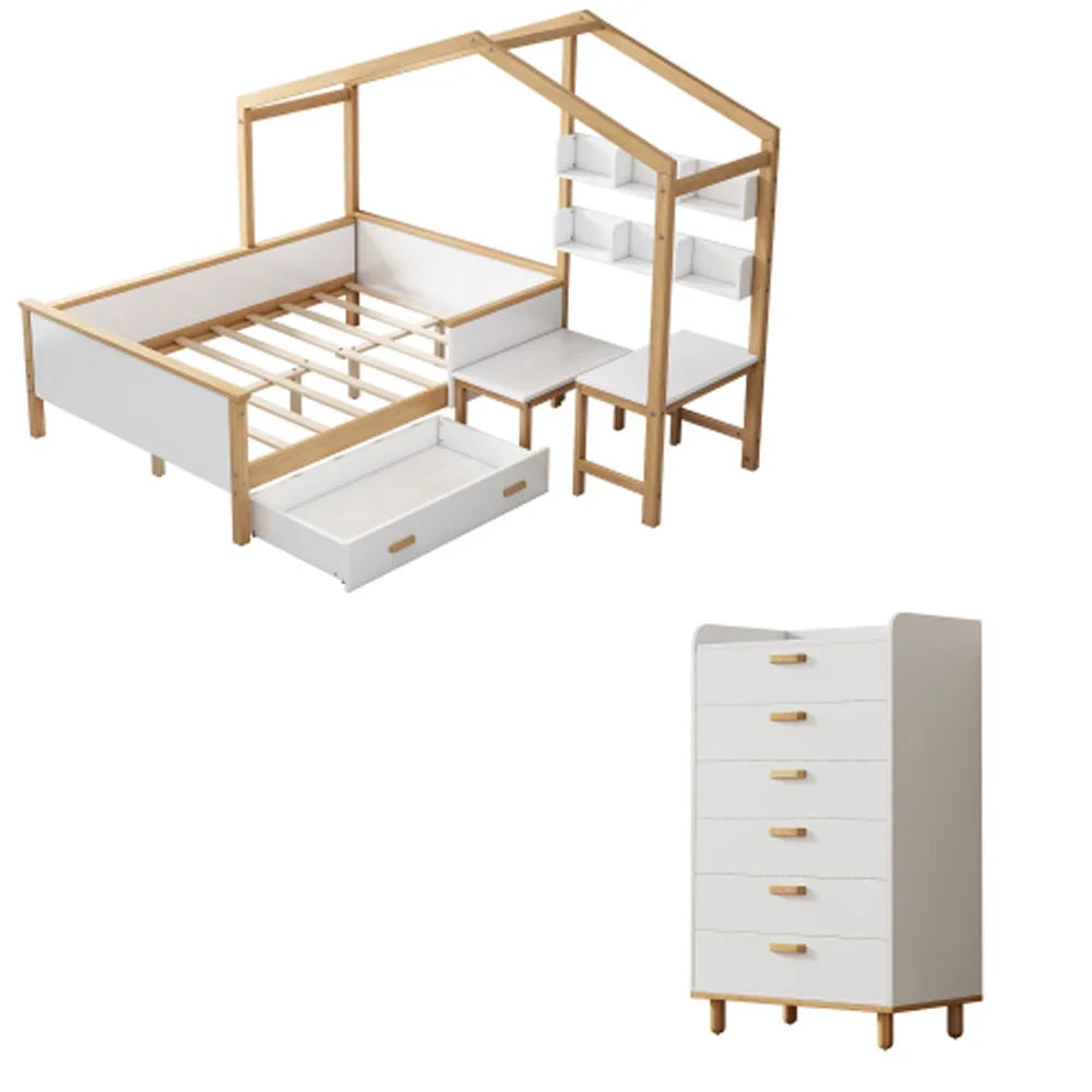 White Full Size Wooden House Bed with Desk and 6-Drawer Chest J369