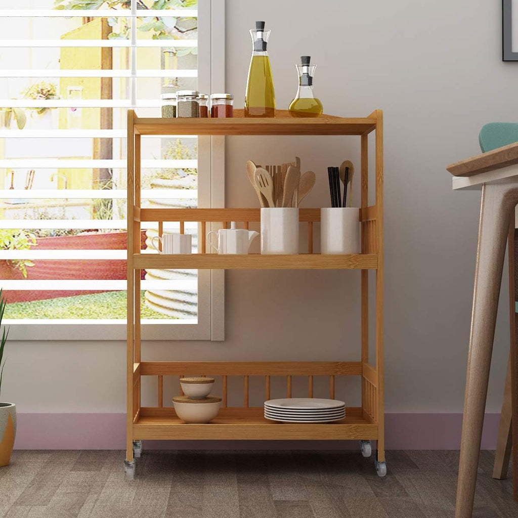 3-Tier Bamboo Storage Utility Cart on Wheels O536