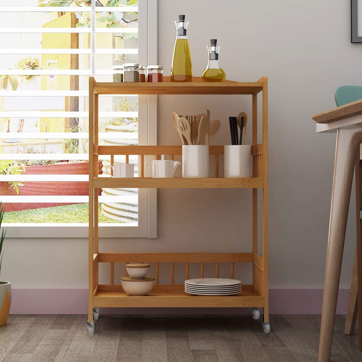 3-Tier Bamboo Storage Utility Cart on Wheels O536