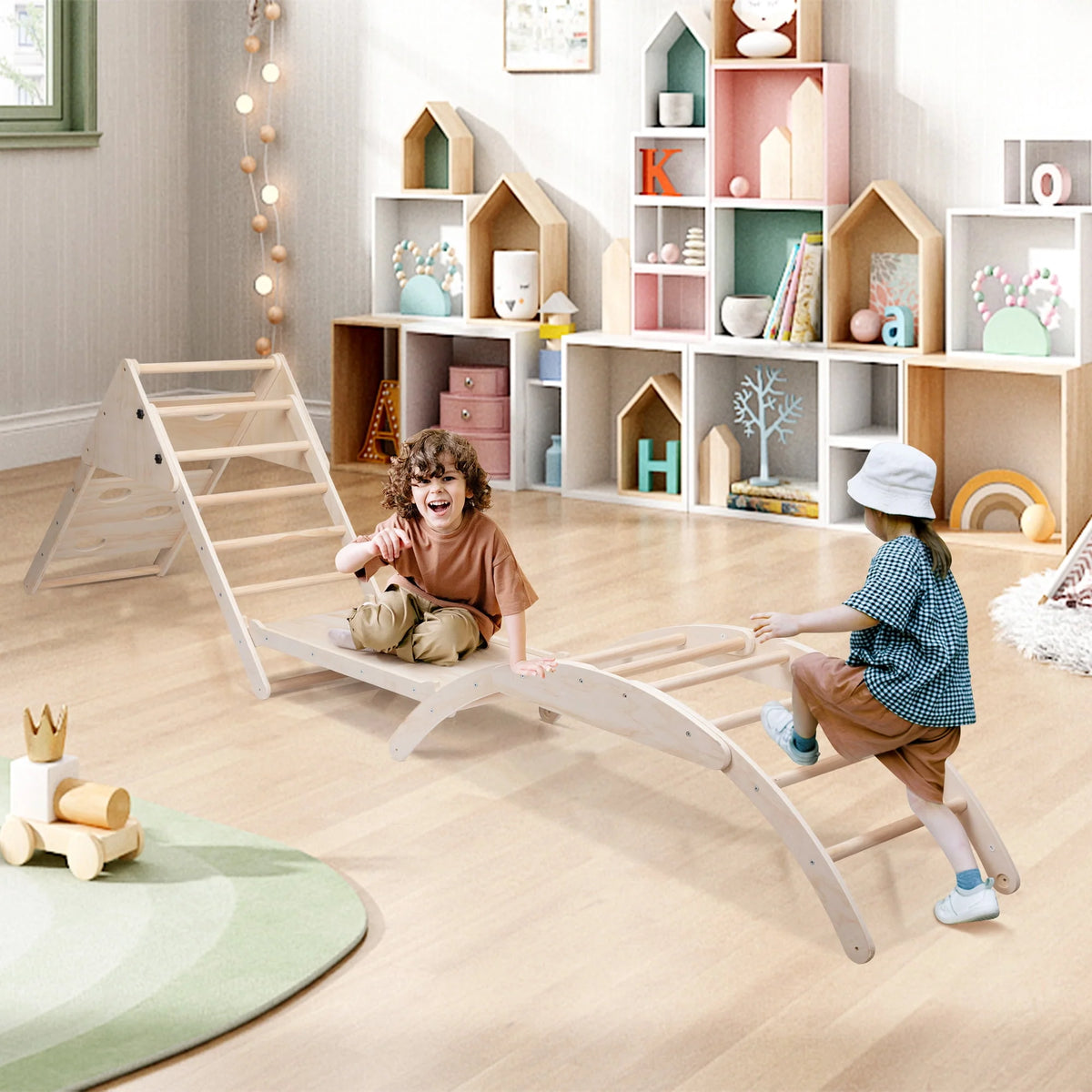 Foldable Wooden Climbing Triangle Ladder with Ramp B13434