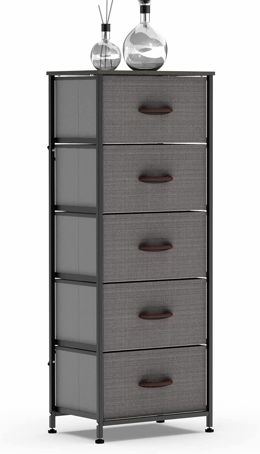 Vertical Dresser Storage Tower, Steel Frame, Wood Top, Fabric Bins, 4 Drawers, Brown Z789