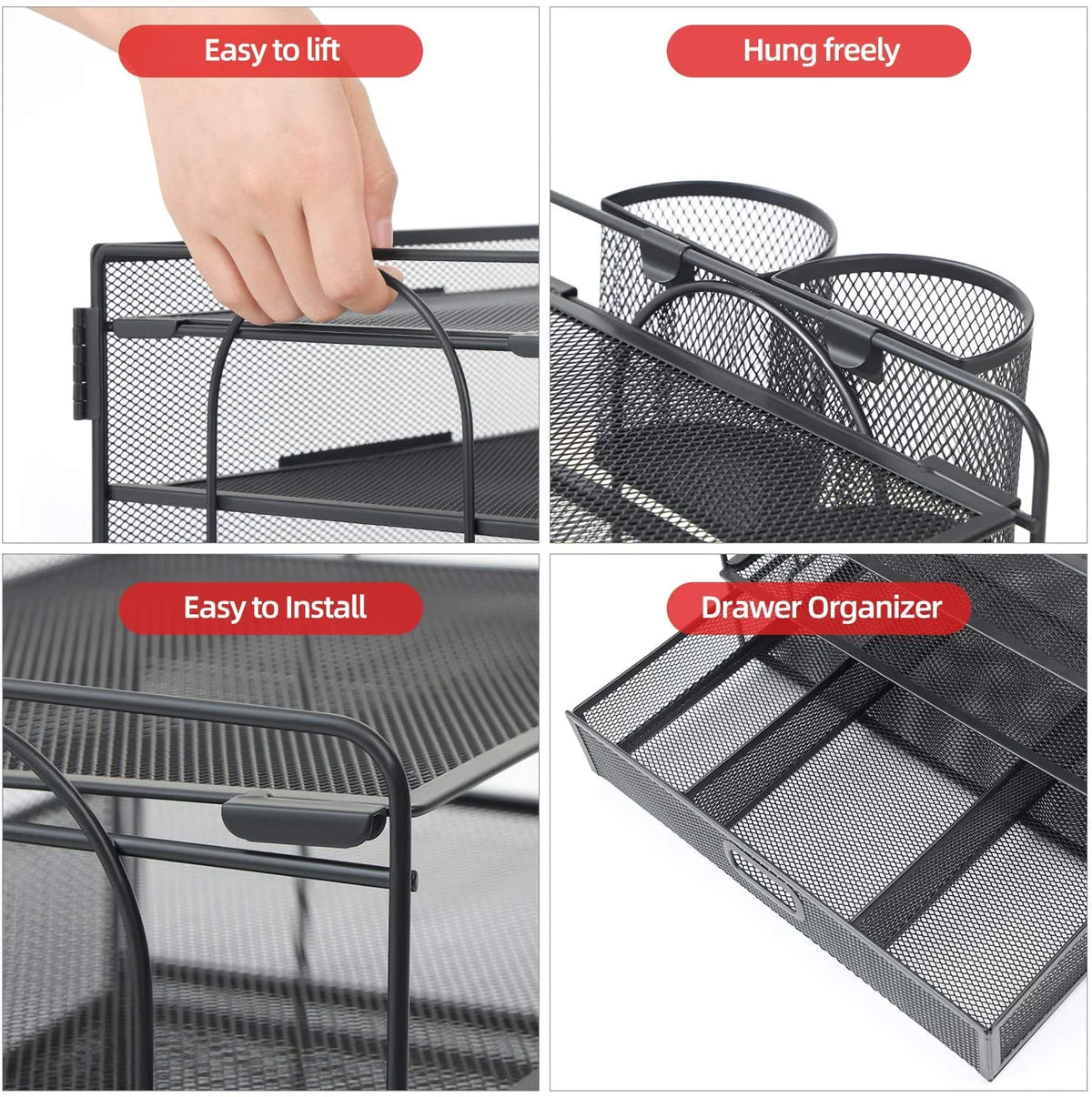 Black 4-Trays Mesh Desktop File Organizer with Drawer and Pen Holder R88168
