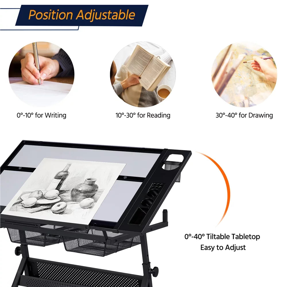 Black Adjustable Glass Top Drafting Table with Stool Q943589