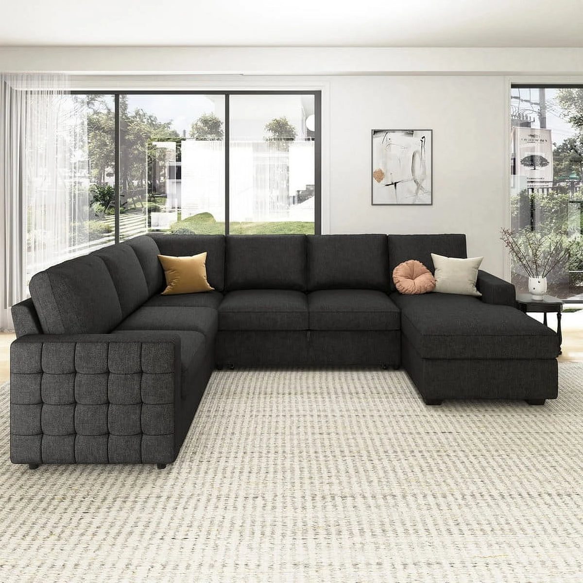 Dark Grey Convertible Sleeper Sectional Sofa with Pull-out Bed and Storage Chaise X27544