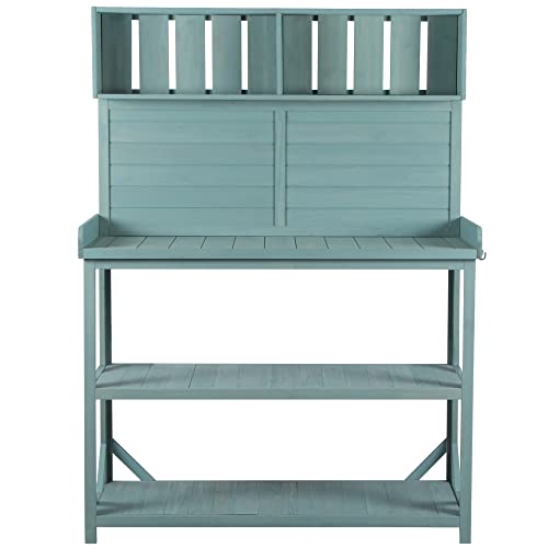 Green 65" Wooden Potting Bench with 4 Storage Shelves T106771