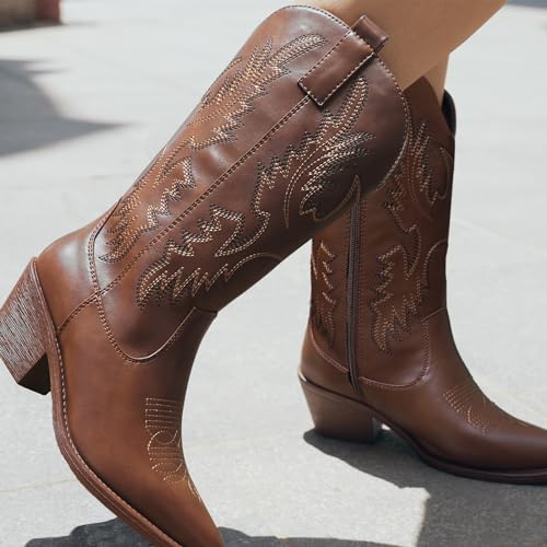 Cowboy Boots Pull On Pointy Toe Mid Calf Boots V407