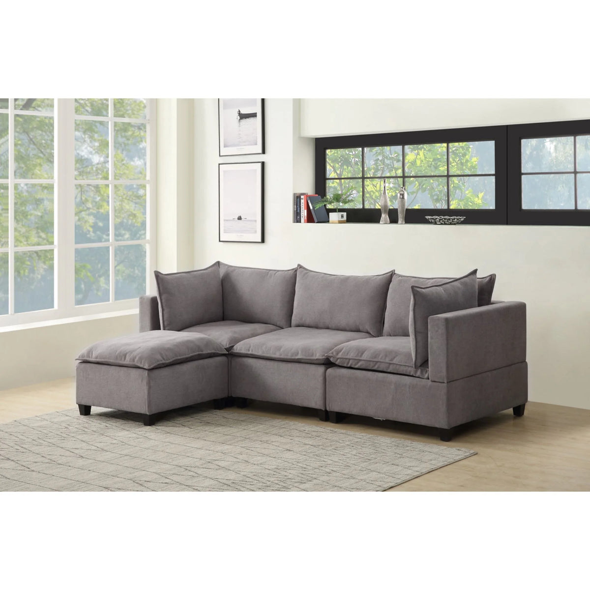 Light Gray Fabric Reversible Sectional Sofa Ottoman X731