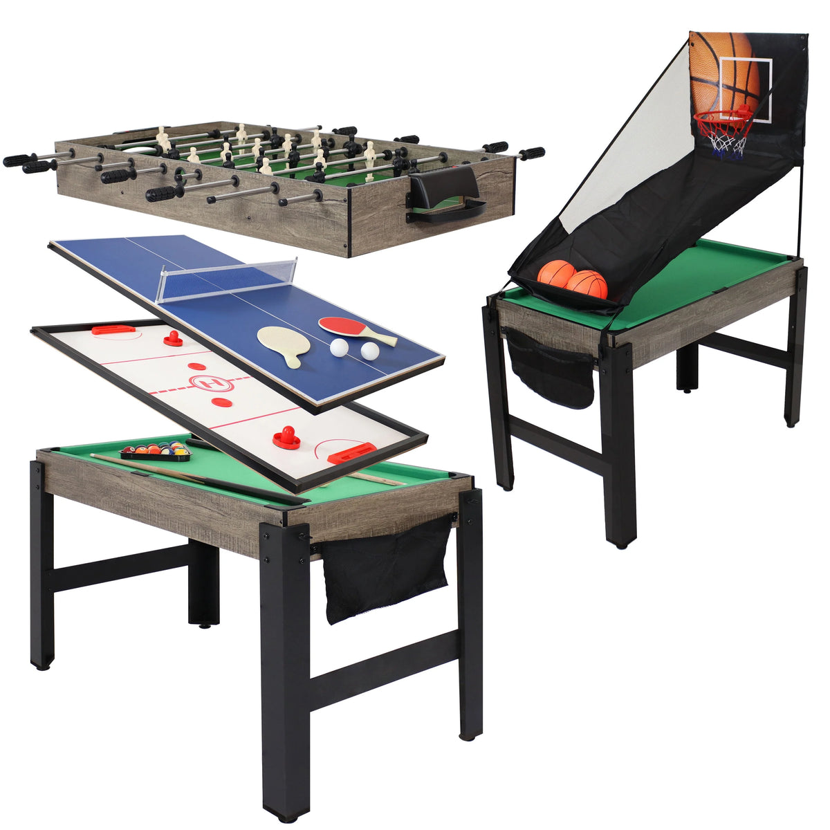 5-in-1 Multi-Game Table with Billiards, Push Hockey, Foosball, Ping Pong, and Basketball R931761