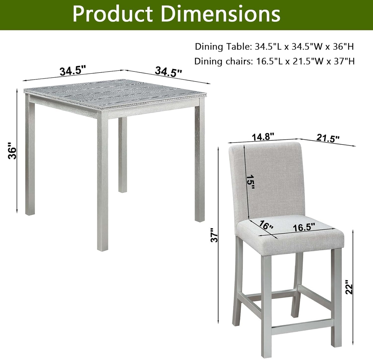 5-Piece Acacia Wood Counter Height Dining Table Set with 4 Upholstered-Seat Chairs L989130