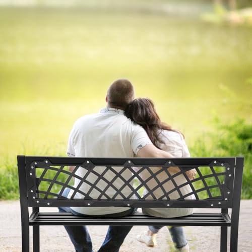 Iron Steel Frame Patio Bench with Mesh Pattern and Plastic Backrest Armrests, Black E3821