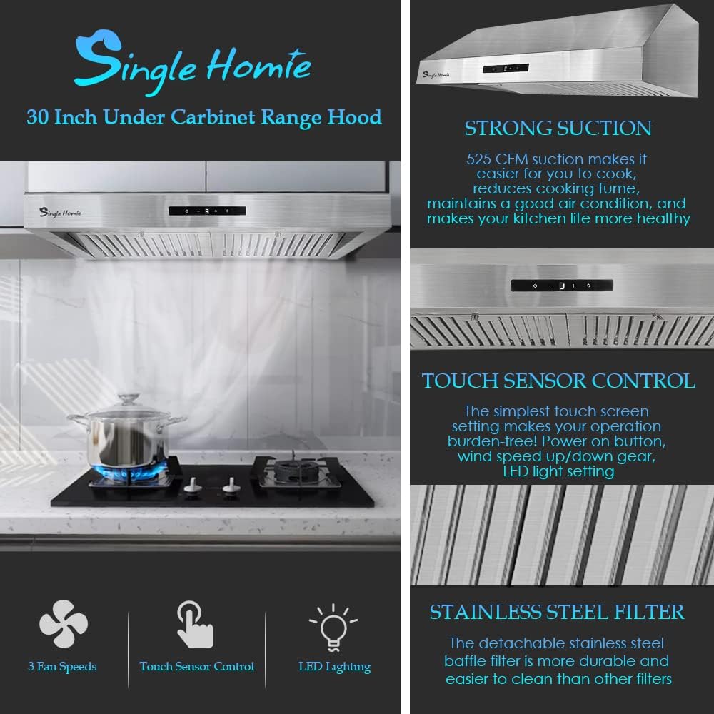 30 Inch Under Cabinet Range Hood, 525 CFM Stainless Steel Vent Hoods O5811
