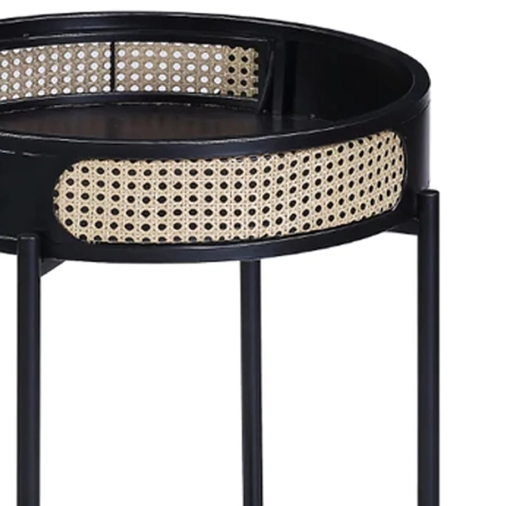 24 Inch Round End Table Rattan Accent Metal Legs Black A834